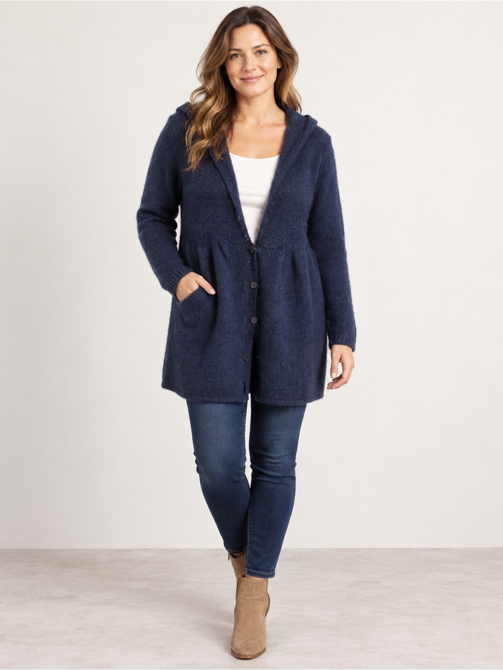 Sophie Max Navy Hooded Super Wool V Neck Button Up Hooded Cardigan XL